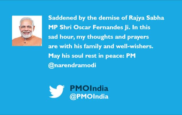 PM condoles demise of Rajya Sabha MP Shri Oscar Fernandes Ji