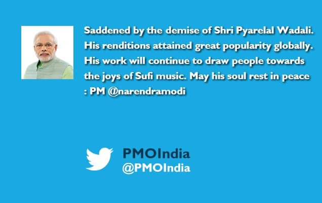 PM condoles the passing away of renowned Sufi singer Shri Pyarelal Wadali