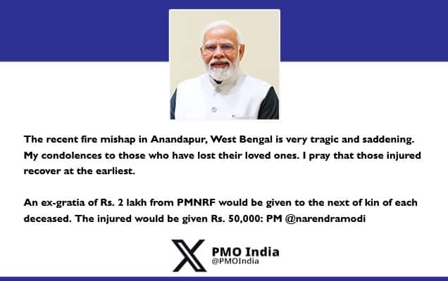 Prime Minister condoles the loss of lives in fire mishap in Anandapur, West Bengal