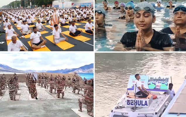 PM walks among Yoga participants, guides them: Asanas performed on boats, swimming pools; soldiers practise at 14,000 feet 