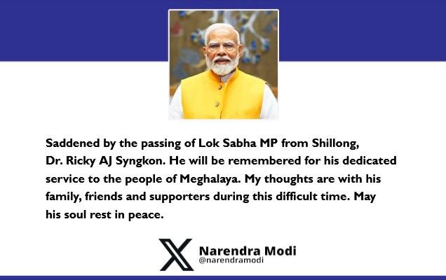 PM condoles the passing of Lok Sabha MP from Shillong, Dr. Ricky AJ Syngkon