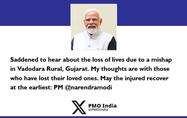 Prime Minister expresses grief over loss of lives due to a mishap in Vadodara Rural, Gujarat