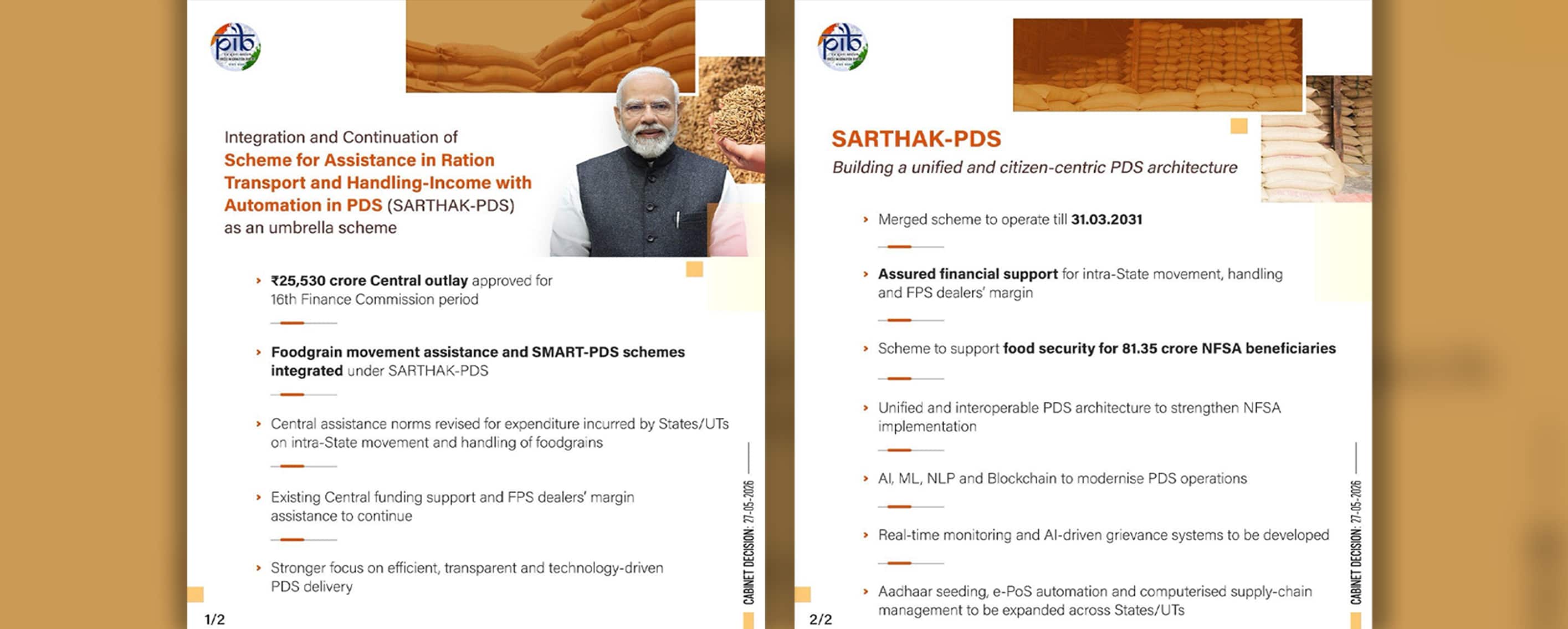 Cabinet approves integration and continuation of two schemes under umbrella scheme SARTHAK-PDS