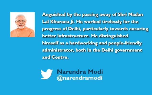 PM condoles demise of Shri Madan Lal Khurana