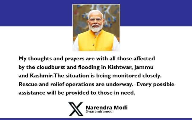 PM expresses solidarity with those affected by cloudburst and flooding in Kishtwar, J&K; assures all possible assistance