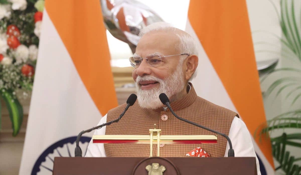 Prime Minister Narendra Modi President Alexander Stubb of Finland attend joint press meet at Hyderabad House New Delhi