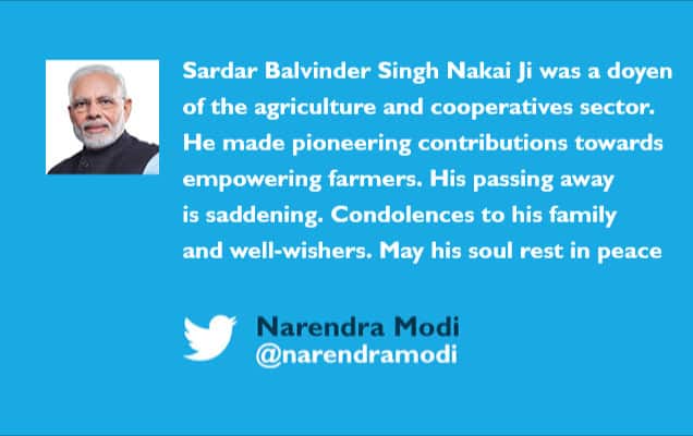 PM condoles passing away of IFFCO Chairman Sardar Balvinder Singh Nakai Ji