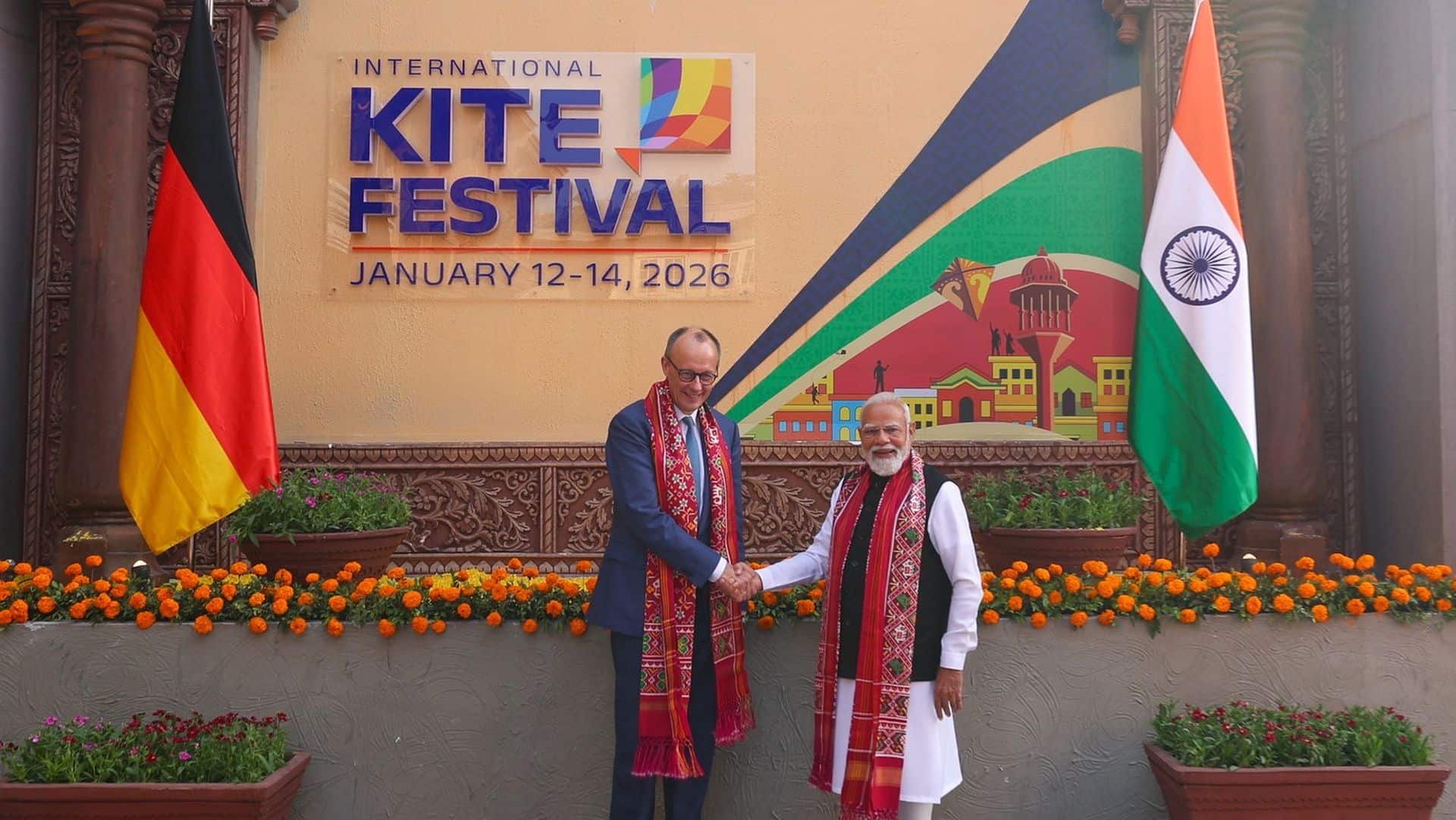 PM Modi and German Chancellor Friedrich Merz visit the International Kite Festival in Ahmedabad