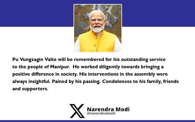 Prime Minister condoles demise of Pu Vungzagin Valte