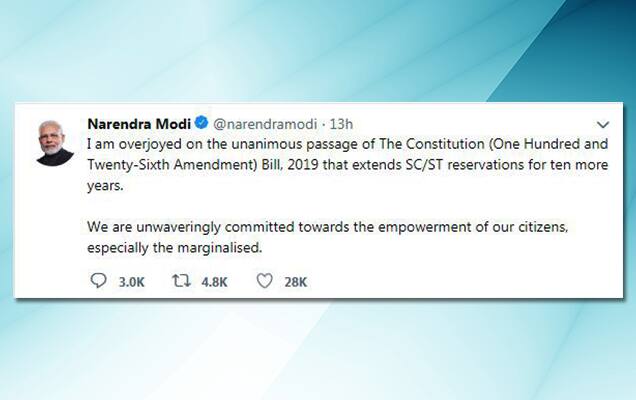 Overjoyed by unanimous passage of Bill extending reservation for SCs, STs in legislatures: PM Modi