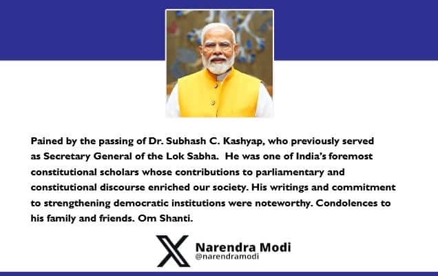 Prime Minister condoles the passing of Dr. Subhash C. Kashyap