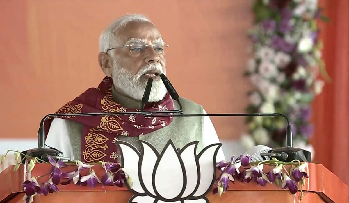 Prime Minister Narendra  Modi attends a public meeting in Singur West Bengal 18th January Twenty Twenty Six