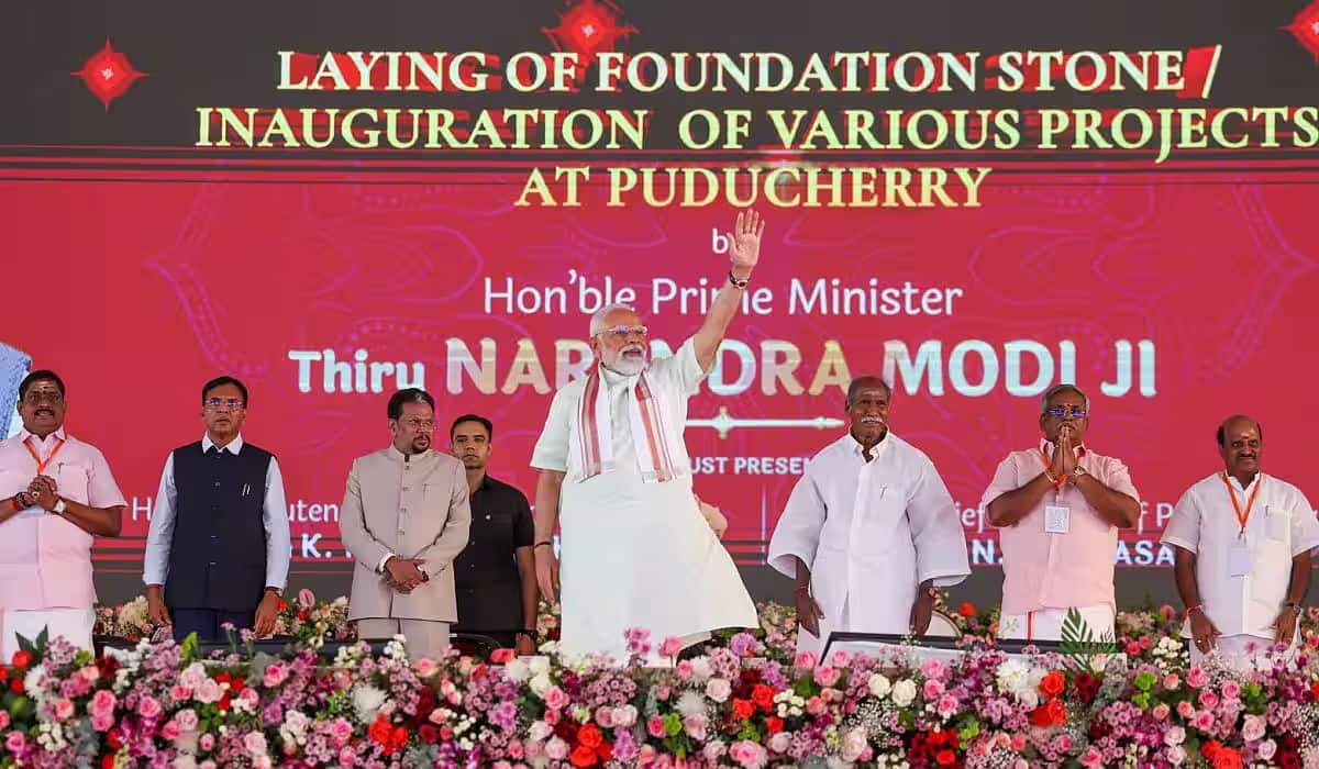 Prime Minister Narendra Modi lays foundation stone, inaugurates development works in Puducherry