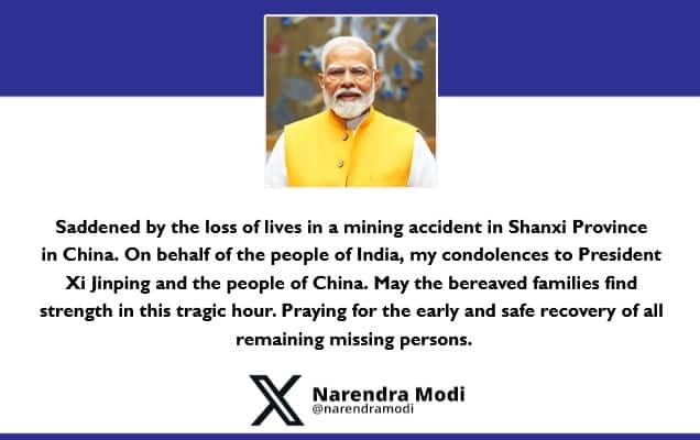 Prime Minister condoles the loss of lives in China mining accident