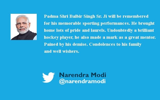 PM condoles the demise of Hockey player Balbir Singh Sr
