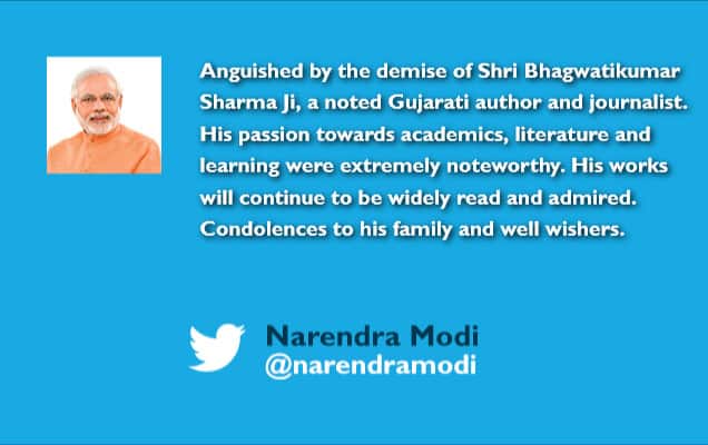 PM expresses sadness on demise of noted Gujarati author and journalist Shri Bhagwatikumar Sharma