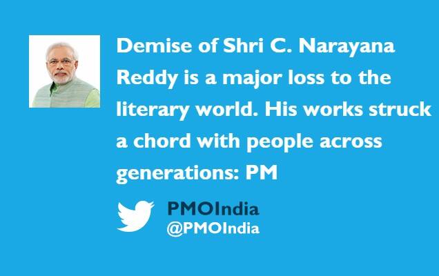 PM condoles the demise of Noted Telugu Poet, lyricist and writer Shri C Narayana Reddy