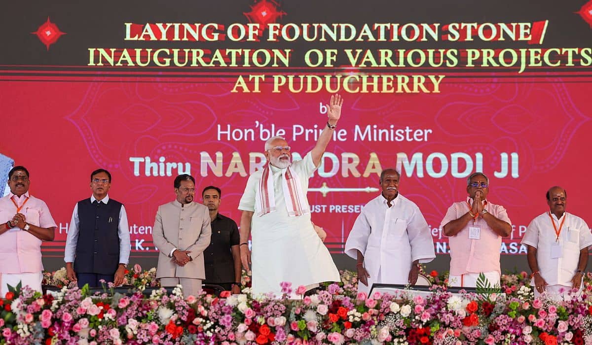 Prime Minister Narendra Modi lays foundation stone, inaugurates development works in Puducherry