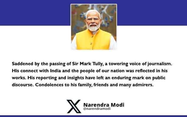 Prime Minister condoles the demise of Sir Mark Tully