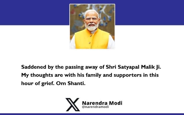 Prime Minister condoles demise of Shri Satyapal Malik Prime Minister condoles demise of Shri Satyapal Malik