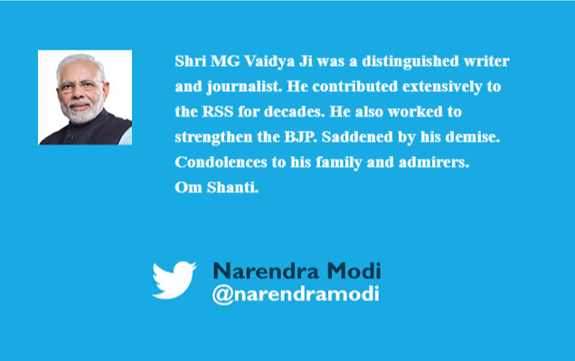PM condoles demise of Shri MG Vaidya Ji