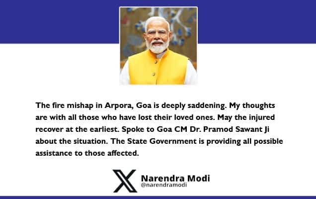 Prime Minister condoles loss of lives in fire mishap in Arpora, Goa