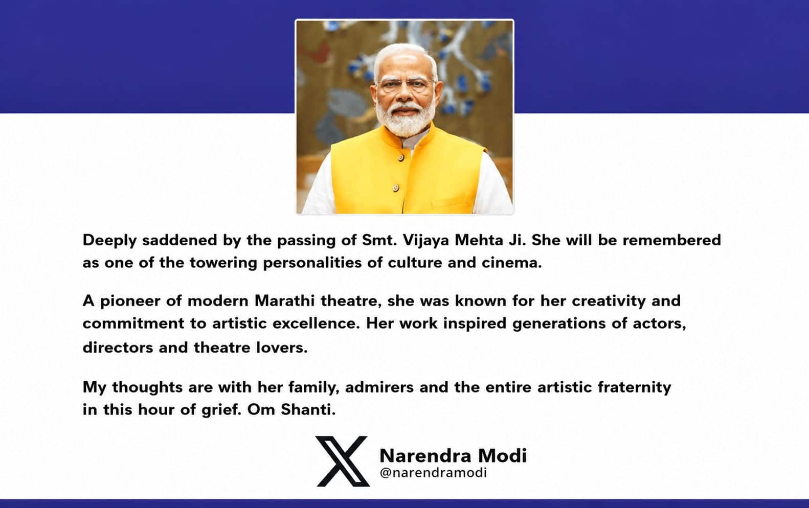 Prime Minister condoles passing of Smt. Vijaya Mehta Ji