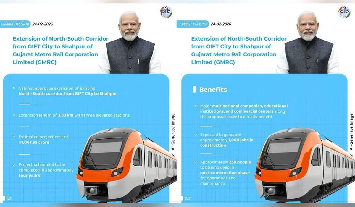 केंद्रीय मंत्रिमंडल ने गुजरात मेट्रो रेल निगम लिमिटेड (जीएमआरसी) के अंतर्गत जीआईएफटी सिटी से शाहपुर तक वर्तमान उत्तर-दक्षिण कॉरिडोर के विस्तार को स्वीकृति दे दी है