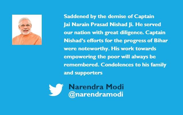  PM condoles demise of Captain Jai Narain Prasad Nishad