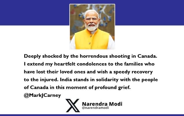 Prime Minister condoles loss of lives in a shooting incident in Canada