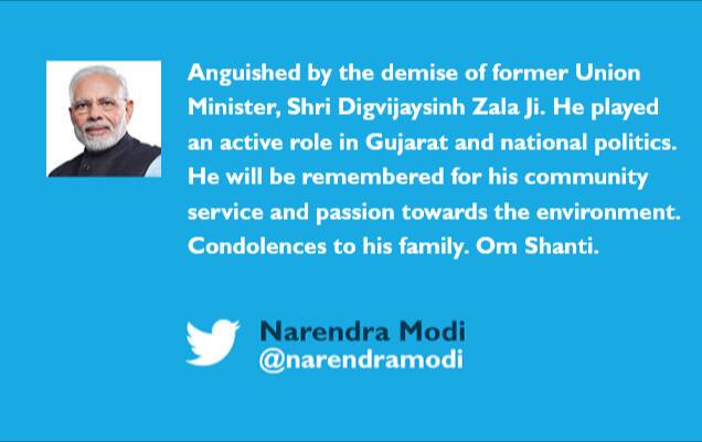 PM condoles demise of former Union Minister, Shri Digvijaysinh Zala