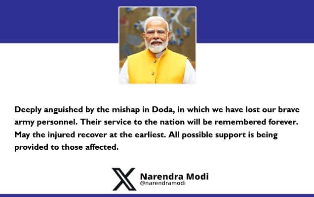 Prime Minister condoles loss of lives of Army personnel in Doda mishap