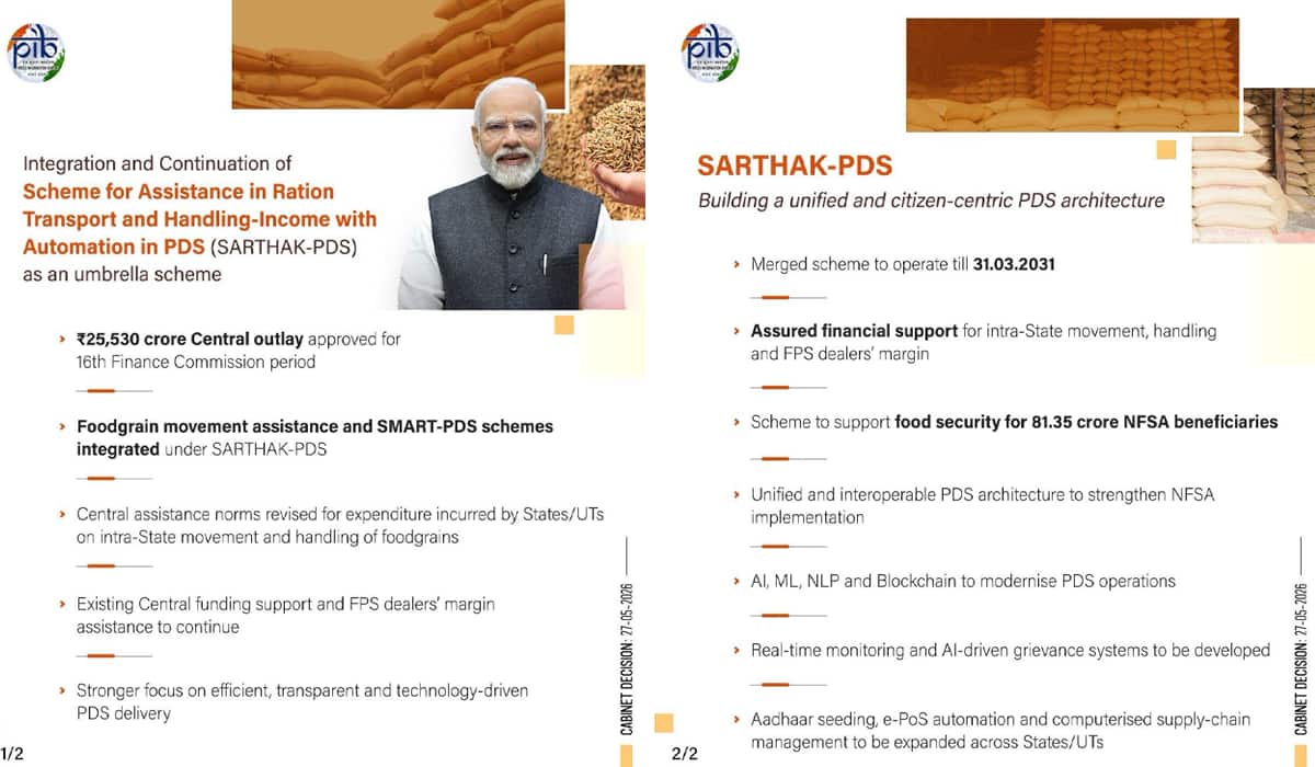 Cabinet approves integration and continuation of two schemes under umbrella scheme SARTHAK-PDS