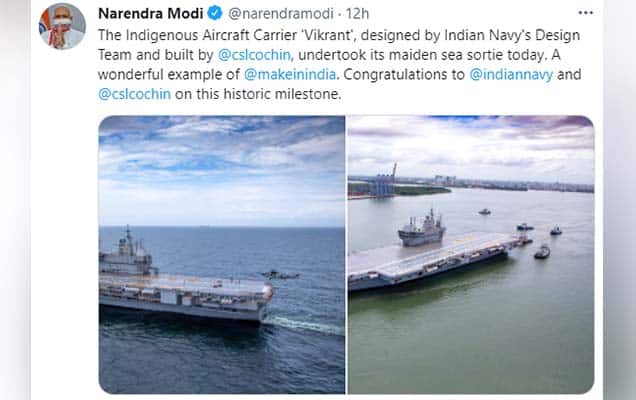 PM Modi congratulates Indian Navy on Vikrant's maiden sea trial. 5 things about India’s first IAC