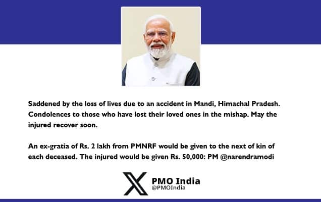 Prime Minister condoles the loss of lives due to an accident in Mandi, Himachal Pradesh