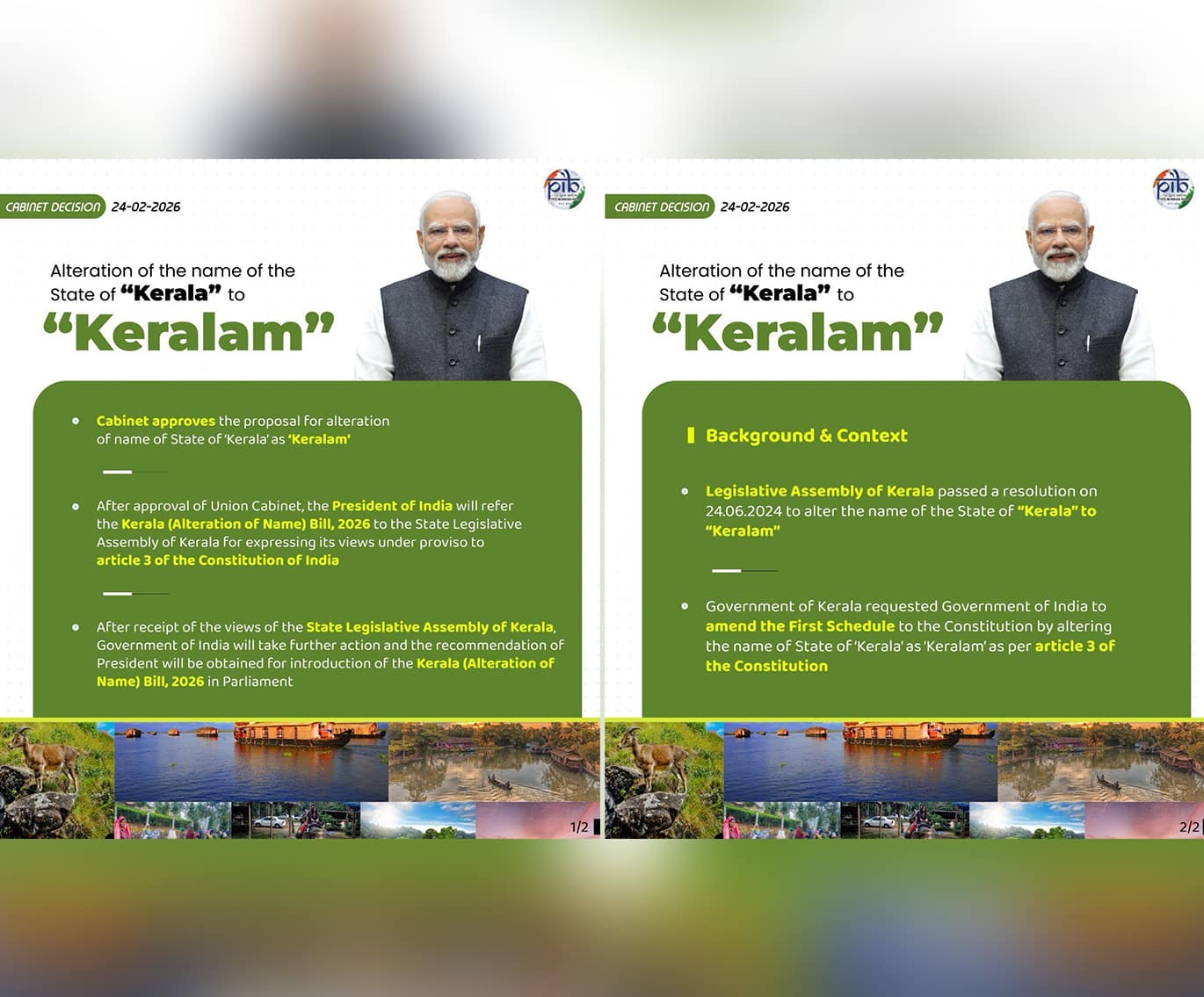 Cabinet approves alteration of the name of the State of “Kerala” to “Keralam”